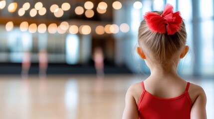 Little girl dreams of ballet in a bright, enchanting dance studio