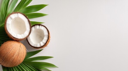 Coconuts on white, accented by tropical palm leaves
