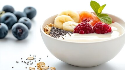 Muesli yogurt bowl topped with fresh fruits and chia seeds for a healthy start