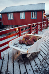 A picturesque winter scene showcases a wheelbarrow by a vibrant red cottage, cozy and inviting