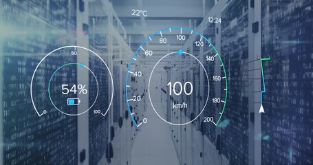 Sensor reading activating speed gauge rising then falling over data overlays showing performance - Powered by Adobe