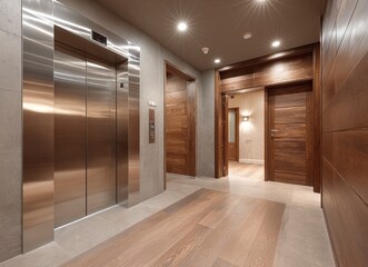 Modern interior of a hallway with a stainless steel elevator and wooden doors. Stock photo, contest winner, architectural photography, close-up of a door, stock photo, 35mm lens, f/2.0. 