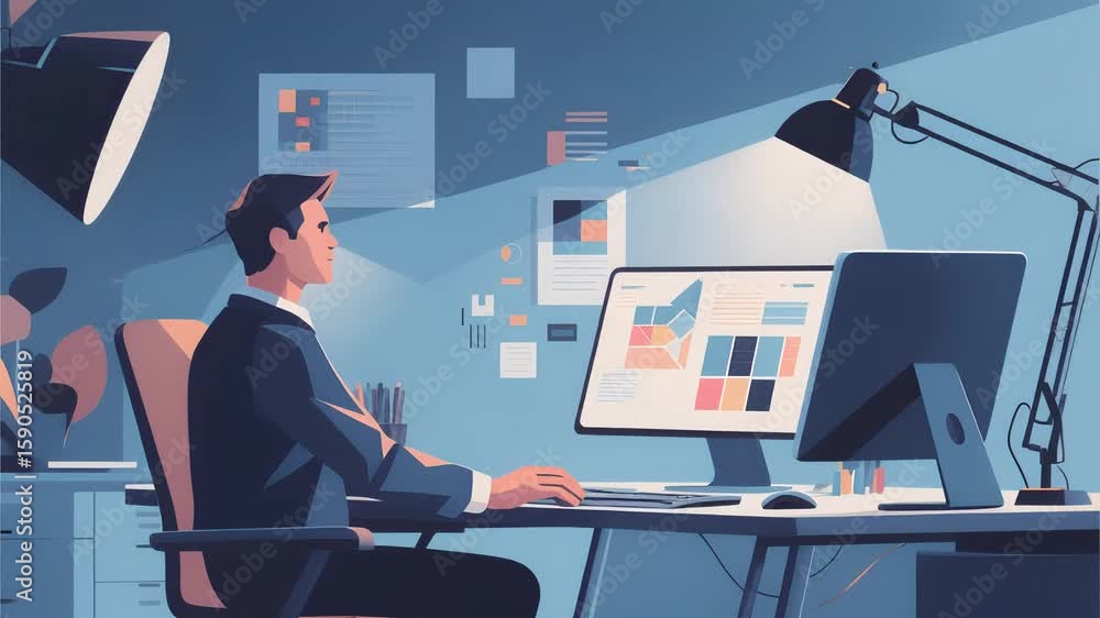 Poster professional man analyzing data on computer screen in modern office workspace