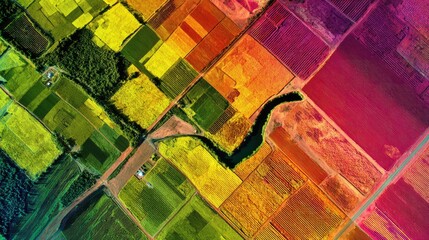 Fototapeta premium Vibrant Aerial View of Colorful Agricultural Fields with a River Cutting Through Beautiful Patchwork of Crop Rows, Greenery, and Earth Tones