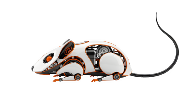 A futuristic robotic rat featuring intricate mechanical details is isolated against a stark black backdrop, showcasing a blend of nature and technology, transparent background