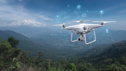 Drone soaring over lush mountain range, digital interface overlay