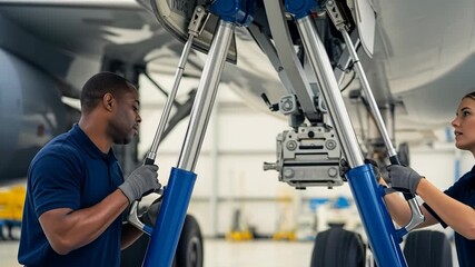 Two aircraft mechanics are lifting the landing gear of a large passenger airplane inside a hangar, using hydraulic jacks, ensuring the aircraft is properly supported during maintenance - Powered by Adobe