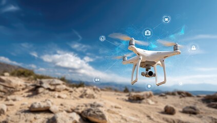 Drone in flight over a rocky landscape, digital icons overlay