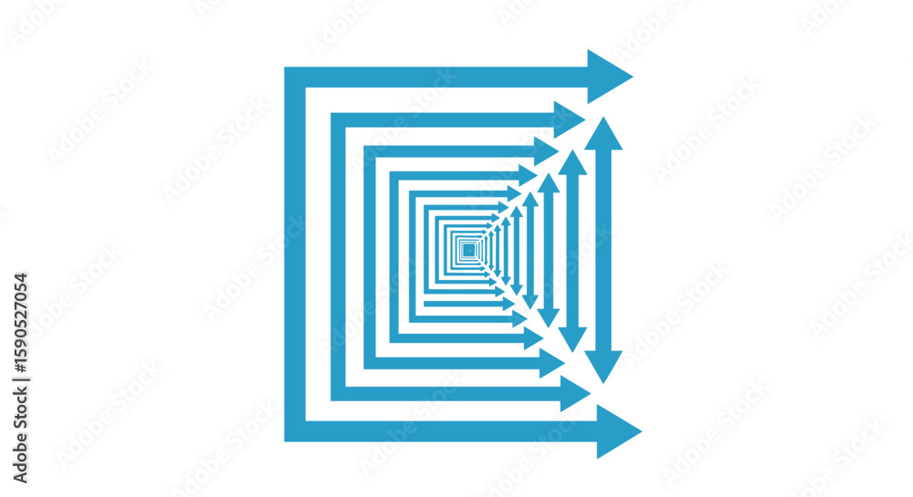 Poster blue arrows forming a diminishing tunnel perspective with square shapes on a white background design