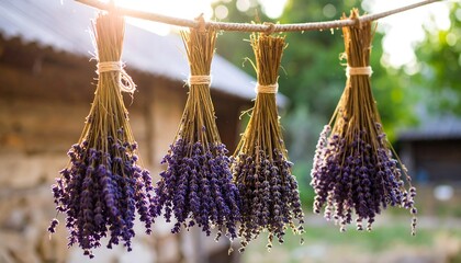 Dried lavender bunches hanging outdoors