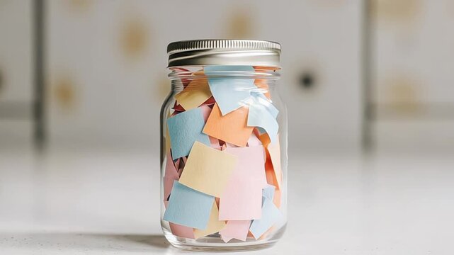 Glass jar filled with colorful paper notes on a white surface