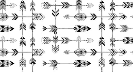 Monochrome seamless pattern featuring a variety of intricately designed arrow illustrations scattered around 100
