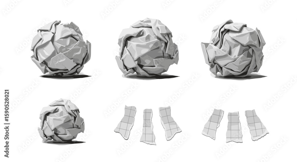 Poster various angled views of crumpled paper balls and unfolded paper strips on a white background scene