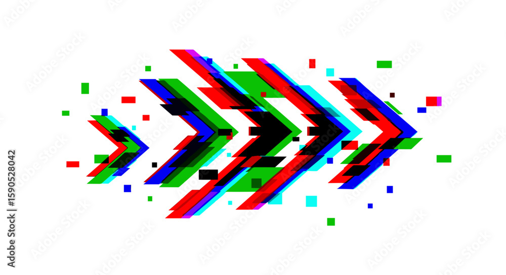 Poster abstract illustration of four arrows pointing right with glitch effect and color separation style