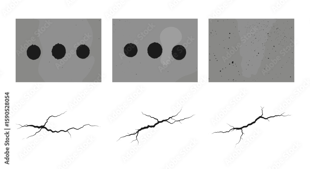 Poster three gray rectangles with holes and cracks on a white background in a graphic representation