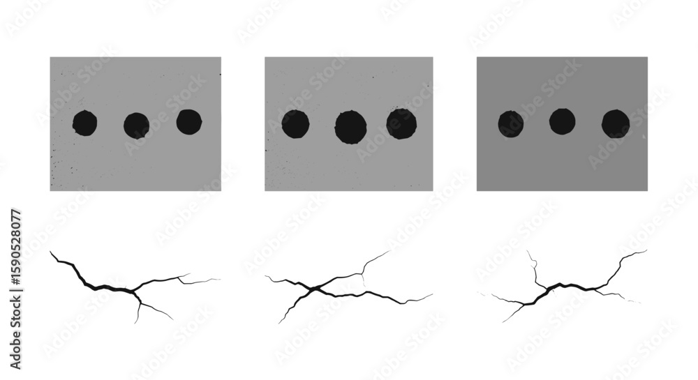 Poster three gray rectangles with three dark ovals above three black cracks on a white background surface v