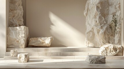 The stone exhibition stand, set against a soft and warm background