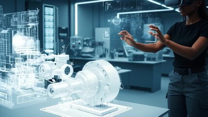 Black female industrial engineer wearing vr headset uses augmented reality software to interact with virtual engine model, working on innovative technology in modern research facility - Powered by Adobe