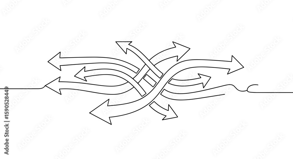 Aufkleber a complex network of white arrows intertwined and diverging on a white background in a line drawing 