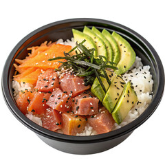 Poke bowl in black dish isolated on transparent background