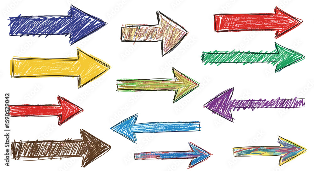 Poster collection of colorful hand drawn arrows pointing right and left in various orientations and colors