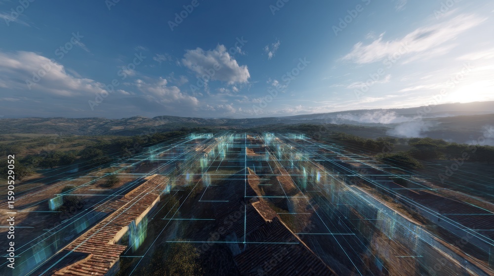 Aufkleber automated construction process shows roofing tiles gracefully descending onto a designated area from