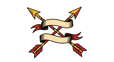 Obraz premium Crossed arrows with two blank banners wrapped around them in a tattoo style design image art