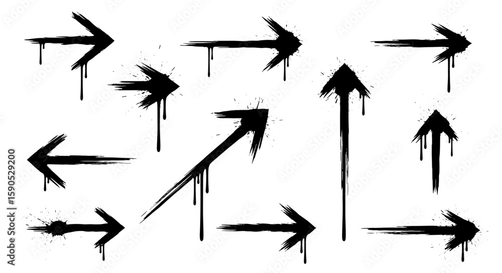 Poster collection of grunge style black arrows pointing in different directions on a white background desig
