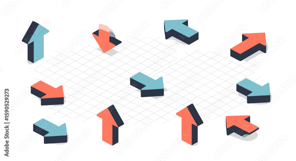 Poster isometric arrows pointing in different directions scattered on a tiled white surface pattern design