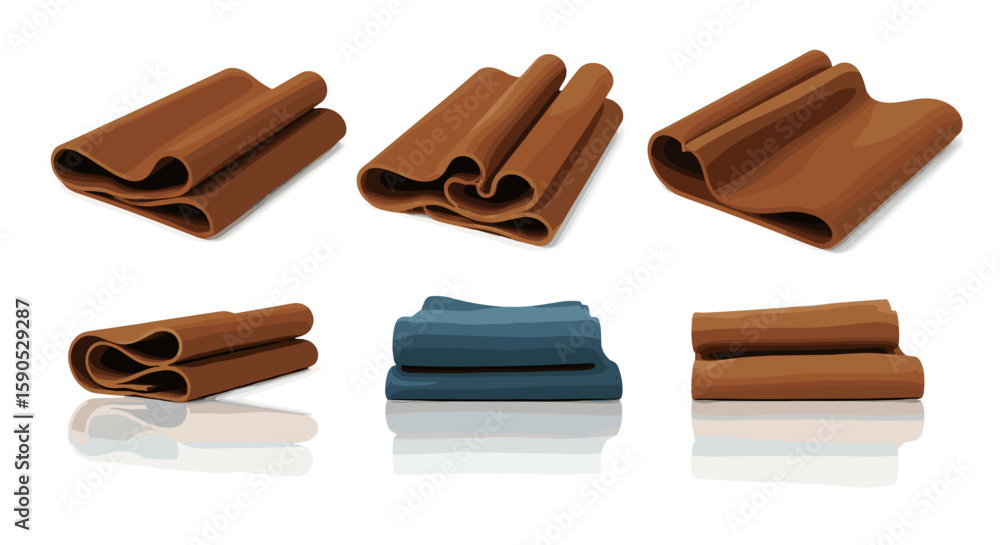 Poster a collection of six folded and stacked objects in brown and blue tones on a white background surface