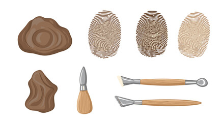 Illustration of wood carving tools with wood pieces and fingerprint patterns on a white background