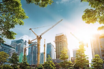 Generate an ultra-realistic photo of a modern construction site with cranes and tall buildings in the city center under a blue sky, with daylight, sun rays, green trees, modern architecture, and a cit