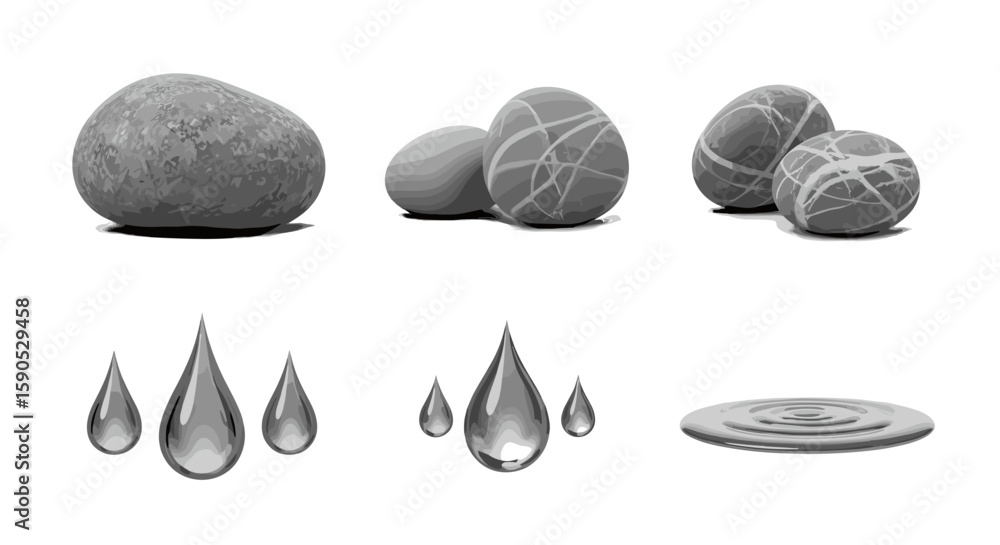 Aufkleber isolated grayscale image showing a collection of stones drops and ripples in a simple arrangement