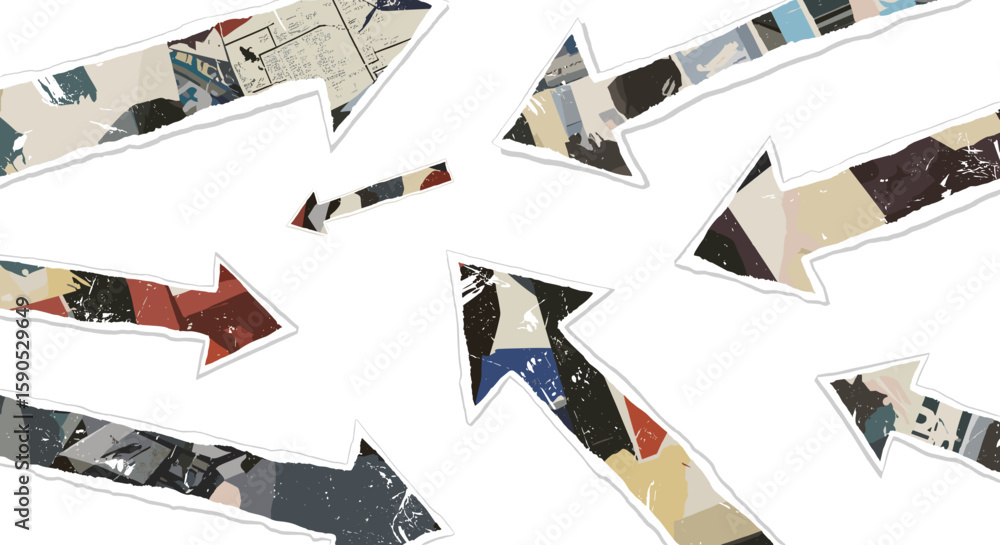 Poster scattered arrows with torn paper texture pointing in various directions on a white background design