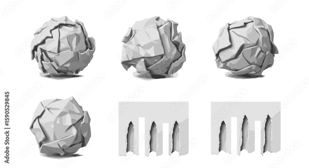 Poster a series of crumpled paper balls and partially torn paper sheets in grayscale arrangement format