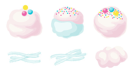 Watercolor illustration of cotton candy with sprinkles and colorful toppings on a white background