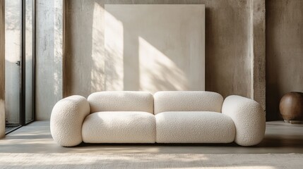 Modern Minimalist Interior With Boucle Sofa And Concrete Walls