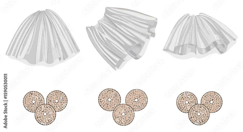 Poster three sets of white cloths above three groups of circular objects with a textured pattern design