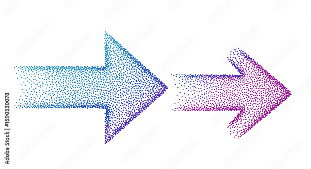 Poster two right pointing arrows composed of small dots with a gradient from blue to pink on a white backgr
