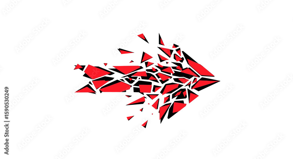 Poster red arrow disintegrating into small triangles on a white background with black outlines forming shap