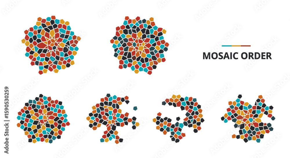 Poster collection of mosaic patterns showing a progression from complete to fragmented designs on white bac