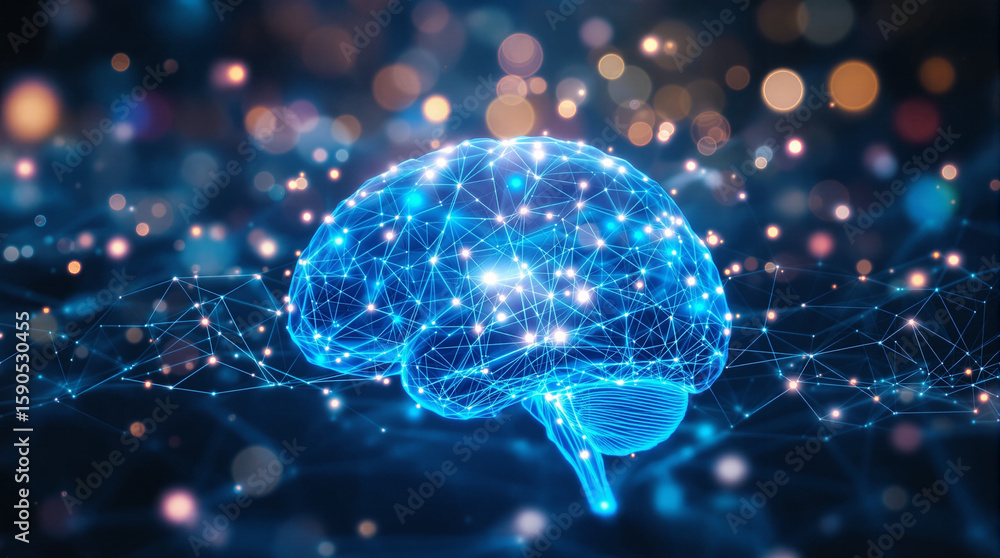 Fototapete a luminous blue digital brain model, composed of interconnected nodes and lines, floats against a da