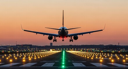Lone Aircraft Taxiing with Illuminated Path at Dusk Under a Clear Twilight Sky