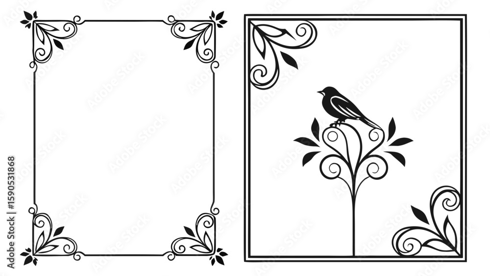 Poster elegant floral border with bird perched on decorative flourish in square frame design element vector