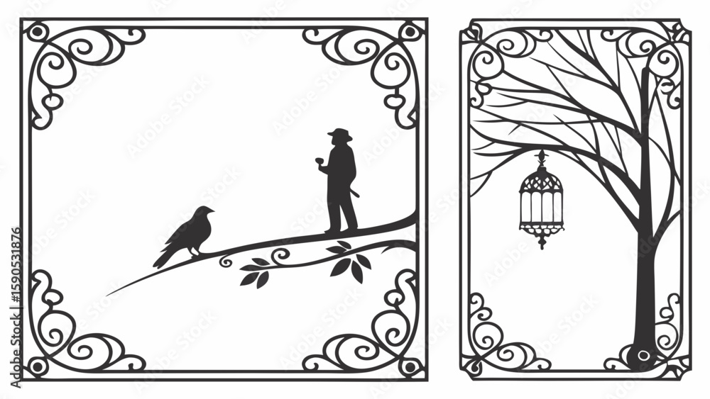 Poster silhouetted frames with a man on a branch, a bird, and a tree with a hanging lantern design
