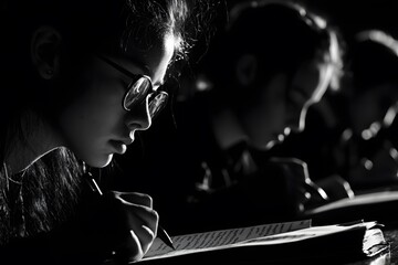 In the classroom, students are diligently taking notes