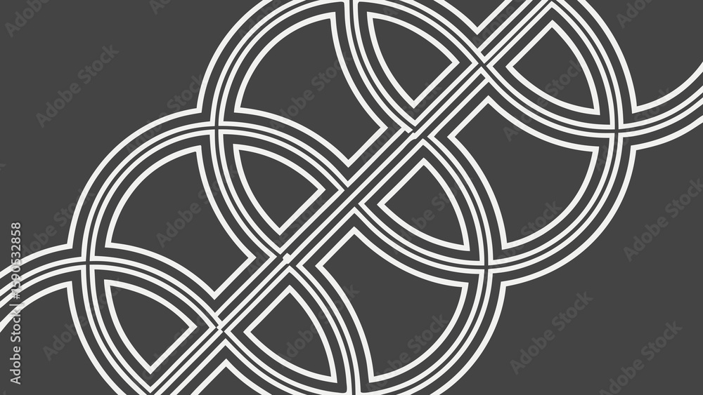 Poster overlapping white circles and quarter circles create a geometric pattern on a gray background design
