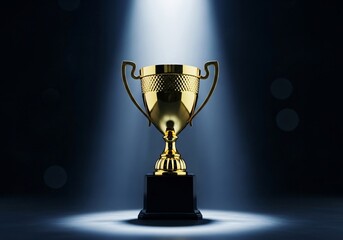 Glowing Gold Trophy on Velvet Podium with Dramatic Spotlight and Subtle Bokeh