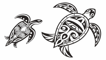 Two tribal sea turtles with intricate black and white designs swimming on a white background illustration