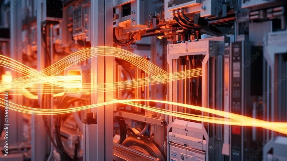 Poster highspeed data transfer represented by vibrant orange lines across an automated industrial system.